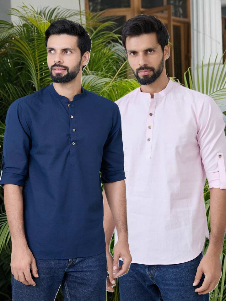 Men Pack of 2 Navy Blue & Pink Cotton Solid Short Kurta – Navy Blue & Pink