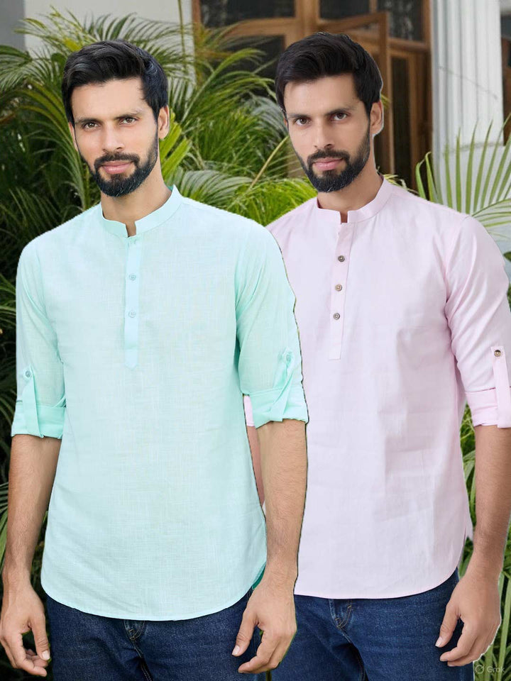 Men Pack of 2 Green & Pink Cotton Solid Short Kurta – Green & Pink