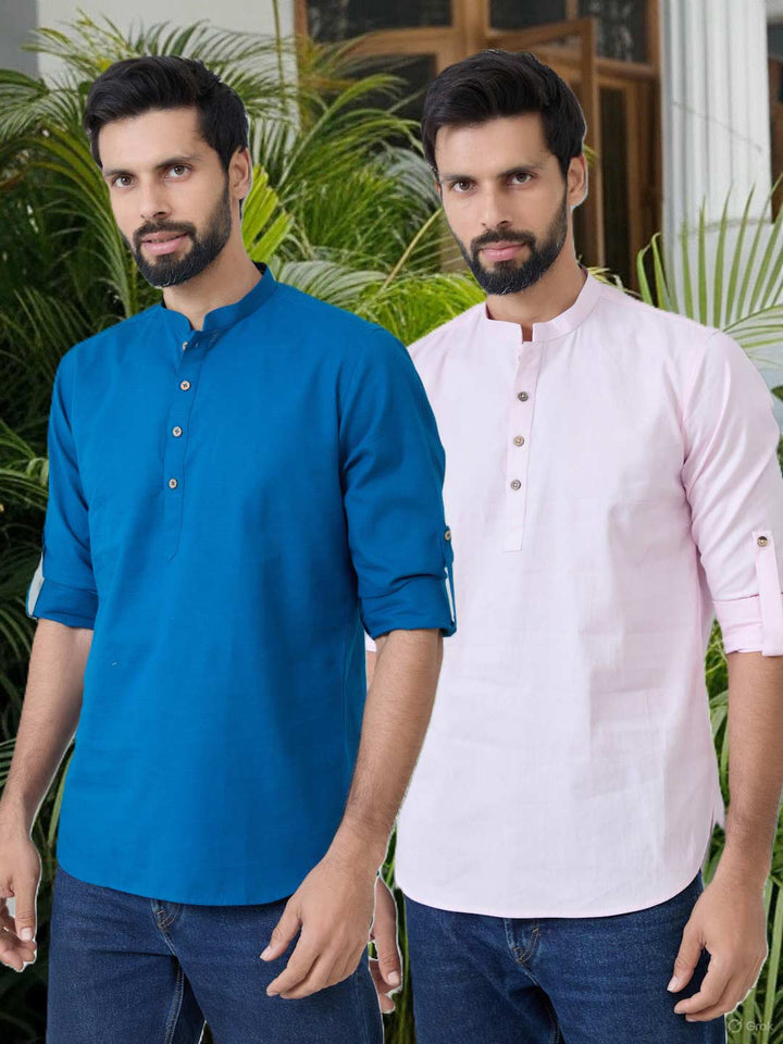 Men Pack of 2 Blue & Pink Cotton Solid Short Kurta – Blue & Pink