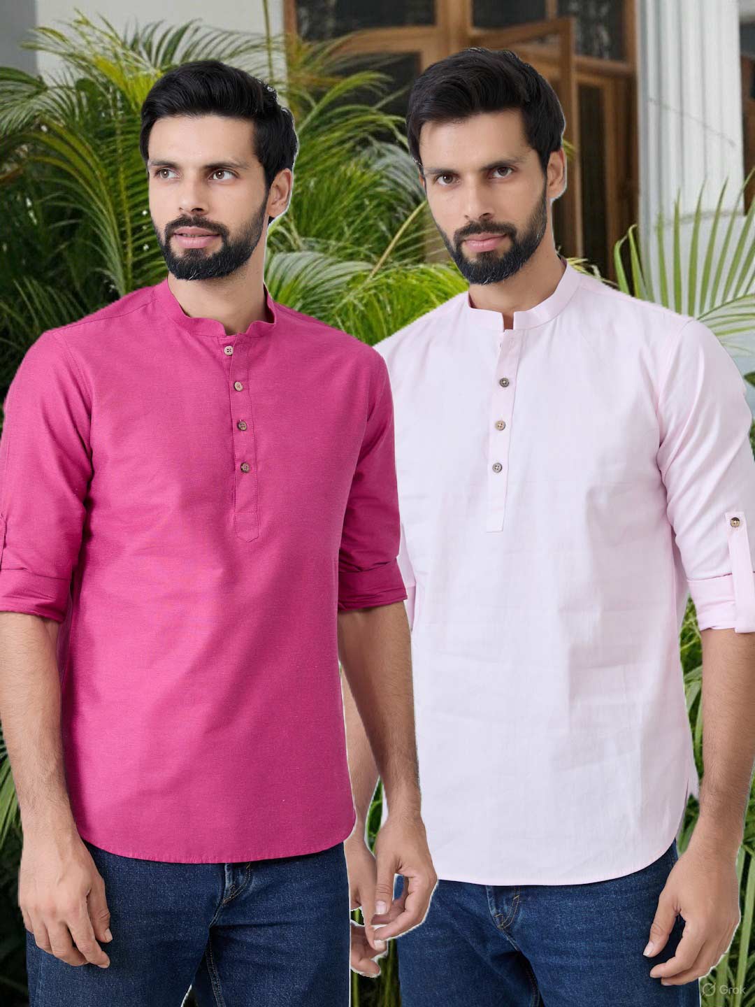 Men Pack of 2 Pink Cotton Solid Short Kurta – Pink
