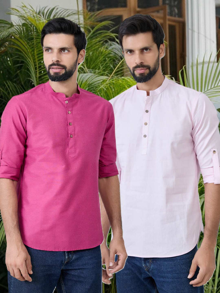 Men Pack of 2 Pink Cotton Solid Short Kurta – Pink