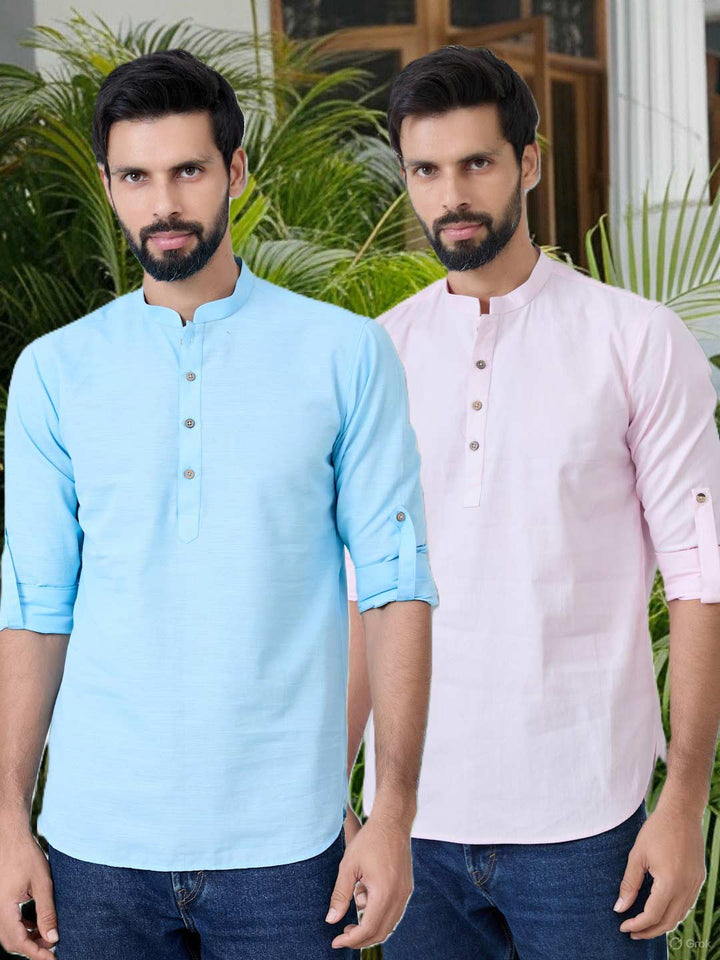 Men Pack of 2 Turquoise Blue and Pink Cotton Solid Short Kurta – Turquoise Blue & Pink