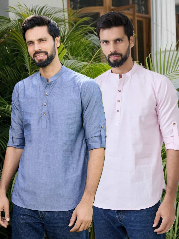 Men Pack of 2 Blue and Pink Cotton Solid Short Kurta
