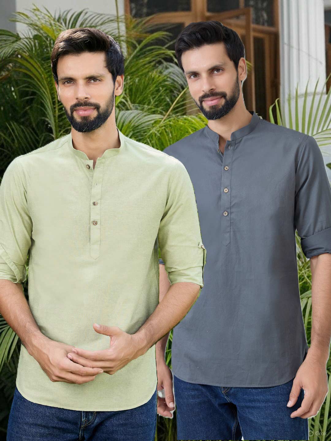 Men Pack of 2 Olive & Grey Cotton Solid Short Kurta