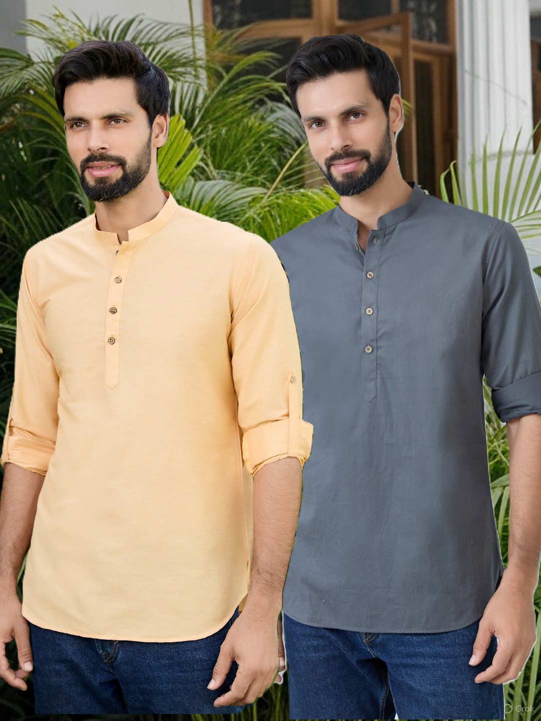 Men Pack of 2 Peach & Grey Cotton Solid Short Kurta – Peach & Grey
