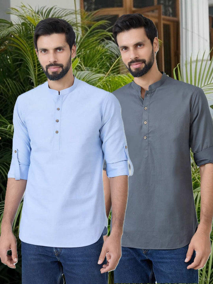 Men Pack of 2 Turquoise Blue and Gray Cotton Solid Short Kurta – Turquoise Blue & Grey