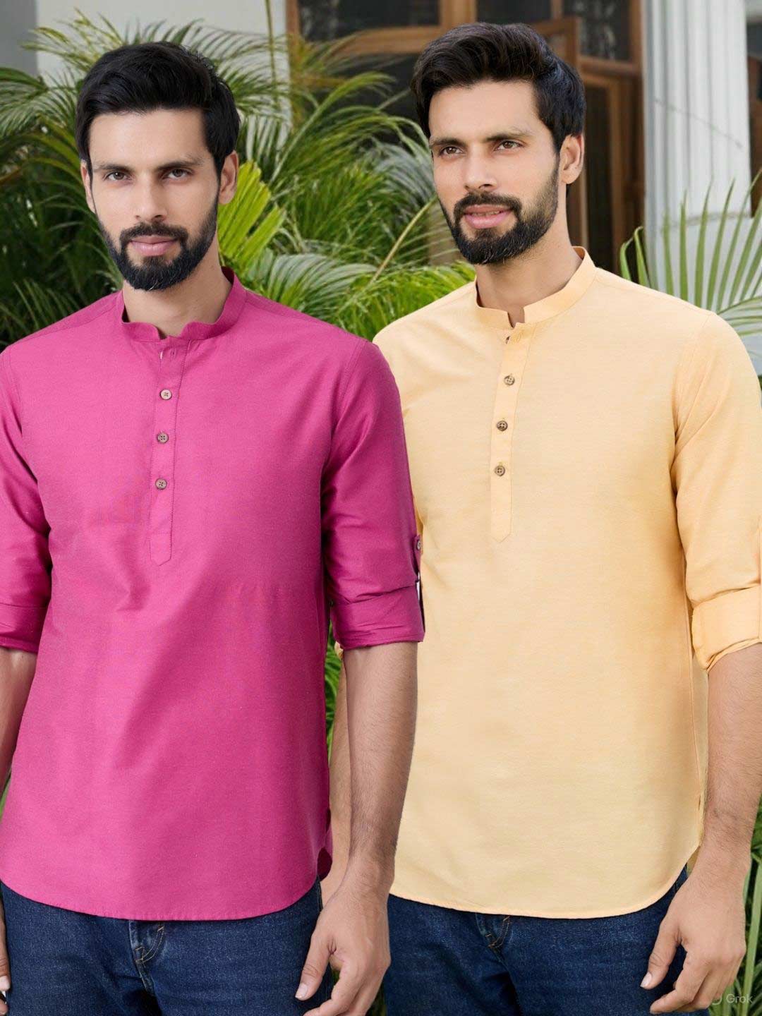 Men Pack of 2 Pink and Peach Cotton Solid Short Kurta