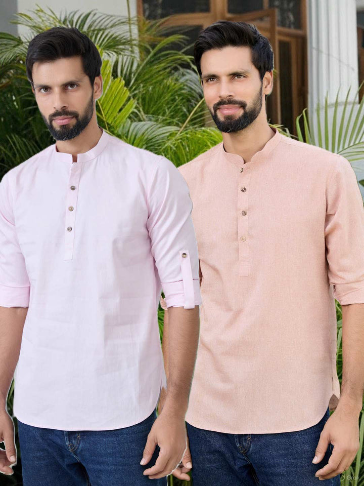 Men Pack of 2 Pink and Brown Cotton Solid Short Kurta