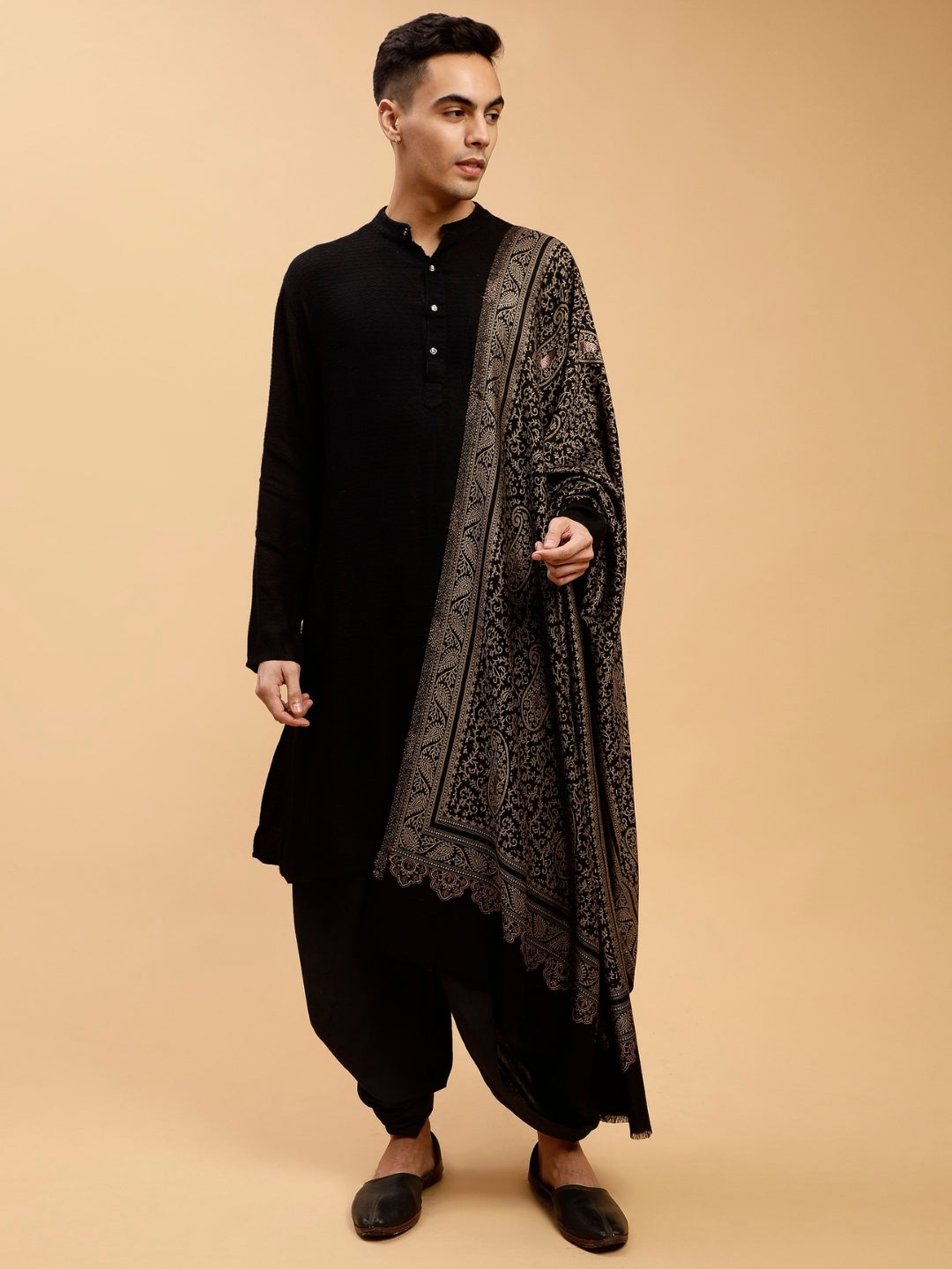Tweedle Men’s Paisley Design, Zari Shawl - Black, Size - 40 x 80 inches