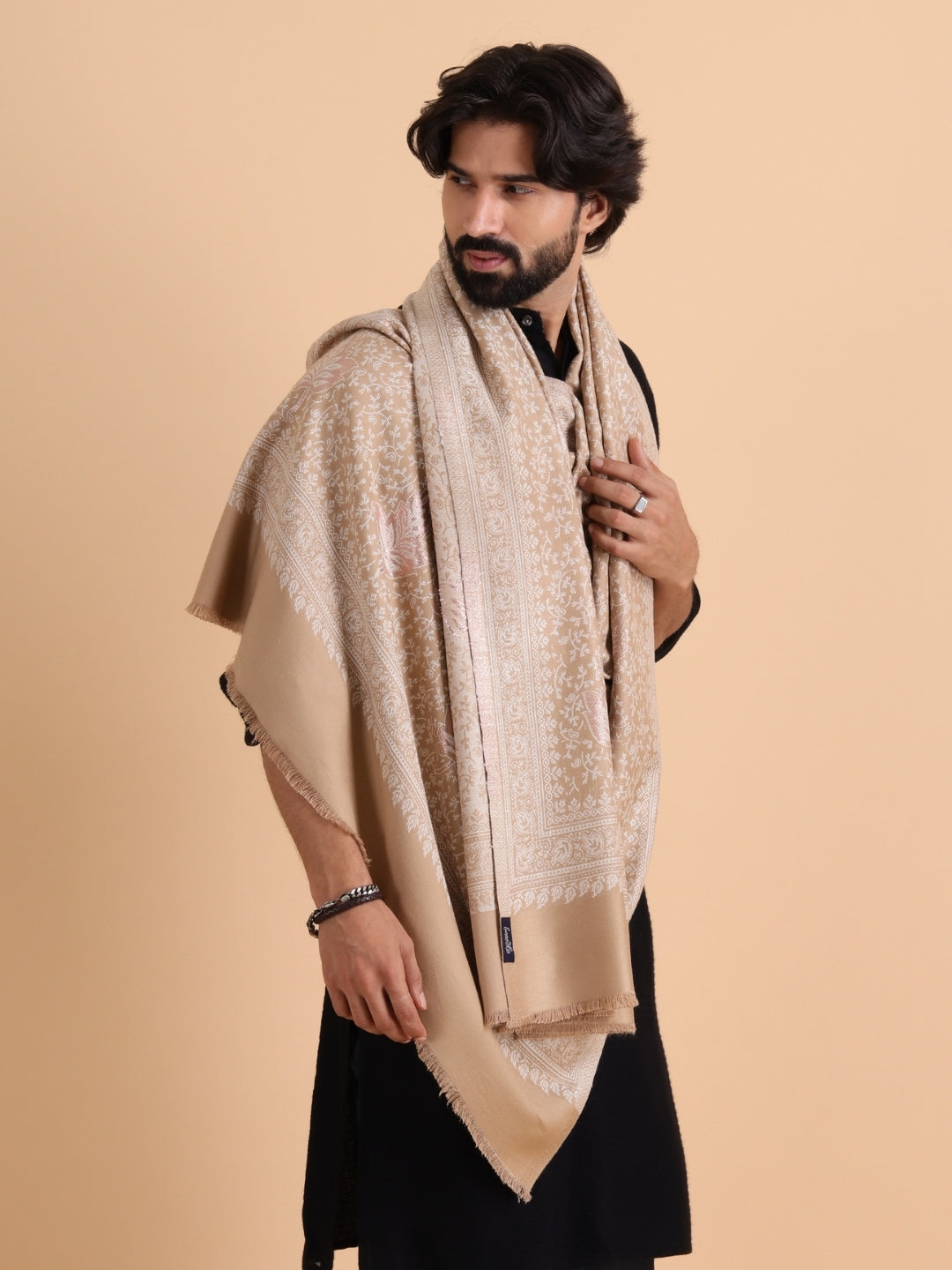 Tweedle Men’s Paisley Design, Zari Shawl - Beige, Size - 40 x 80 inches