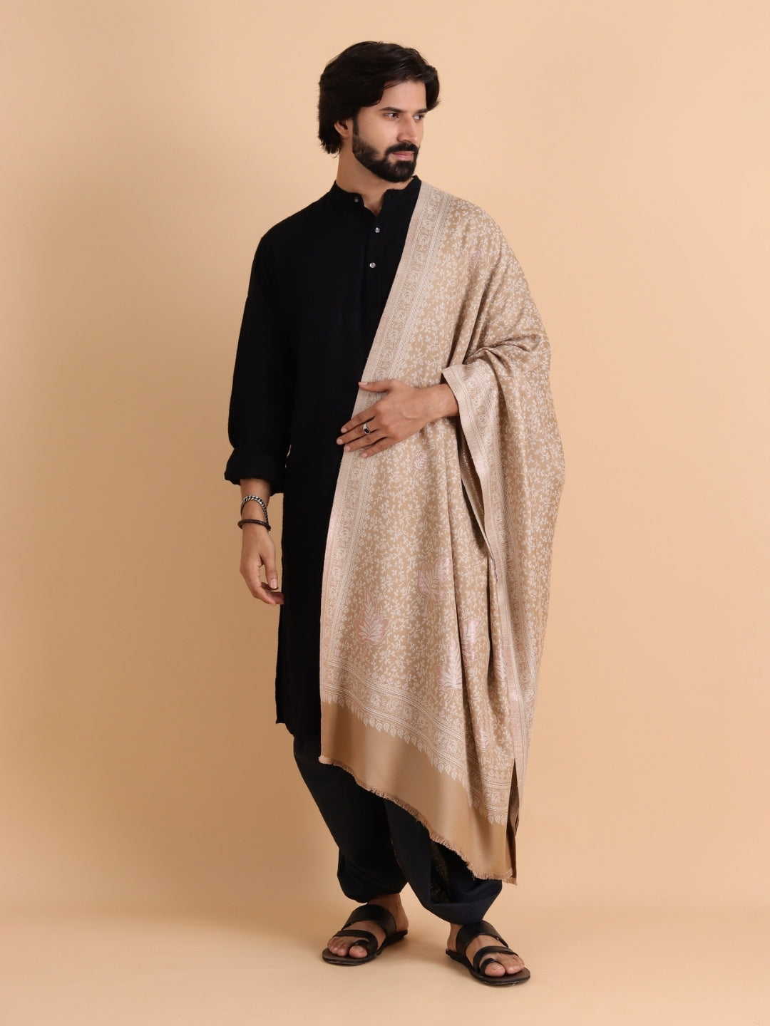 Tweedle Men’s Paisley Design, Zari Shawl - Beige, Size - 40 x 80 inches
