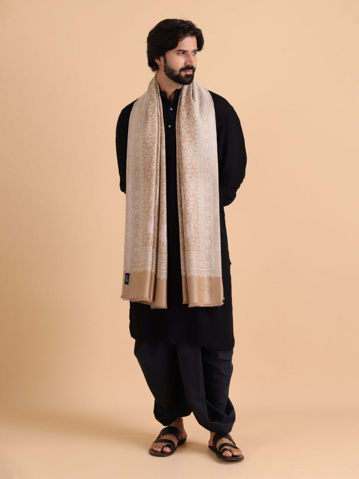 Tweedle Men’s Paisley Design, Zari Shawl - Beige, Size - 40 x 80 inches