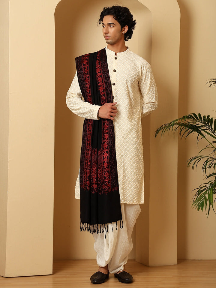 Tweedle Men’s Kashmiri Aari Embroidery Stole/ Scarf - Black, Size - 28 x 80 inches