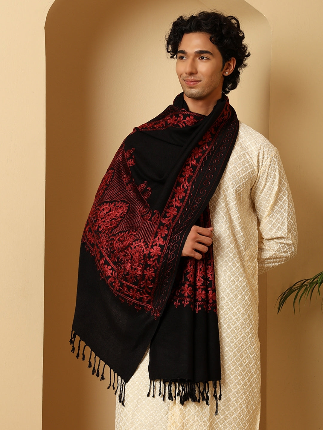 Tweedle Men’s Kashmiri Aari Embroidery Stole/ Scarf - Black, Size - 28 x 80 inches