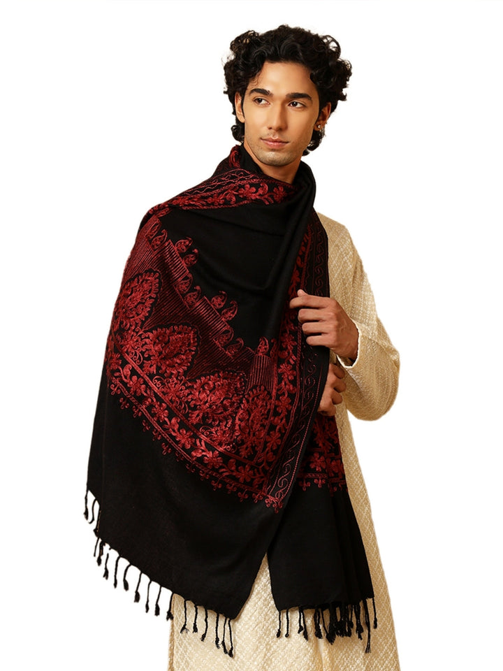 Tweedle Men’s Kashmiri Aari Embroidery Stole/ Scarf - Black, Size - 28 x 80 inches
