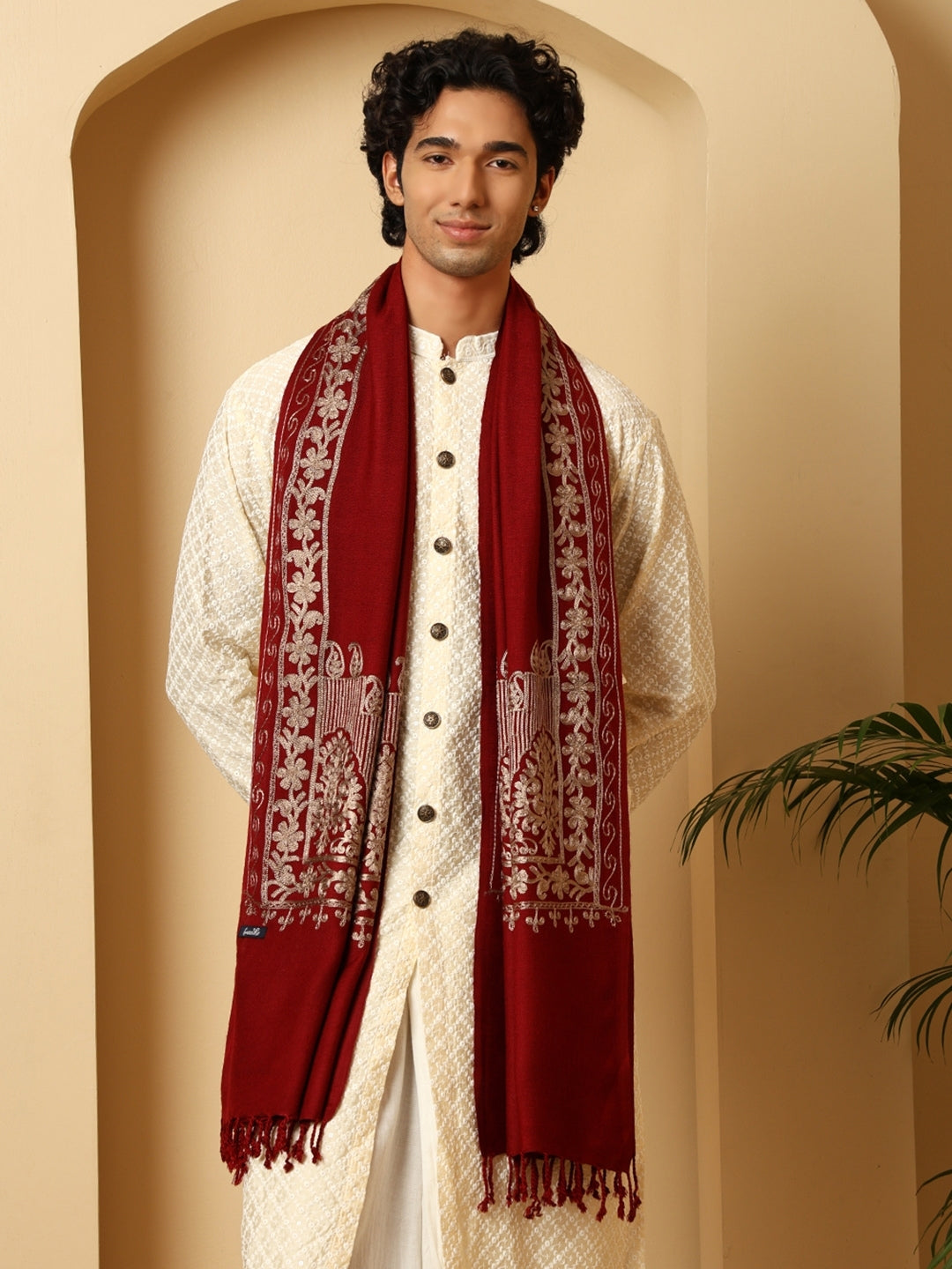 Tweedle Men’s Kashmiri Aari Embroidery Stole/ Scarf - Wine, Size - 28 x 80 inches