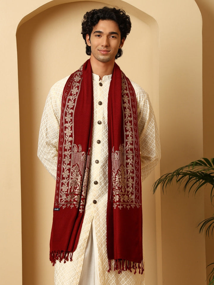 Tweedle Men’s Kashmiri Aari Embroidery Stole/ Scarf - Wine, Size - 28 x 80 inches