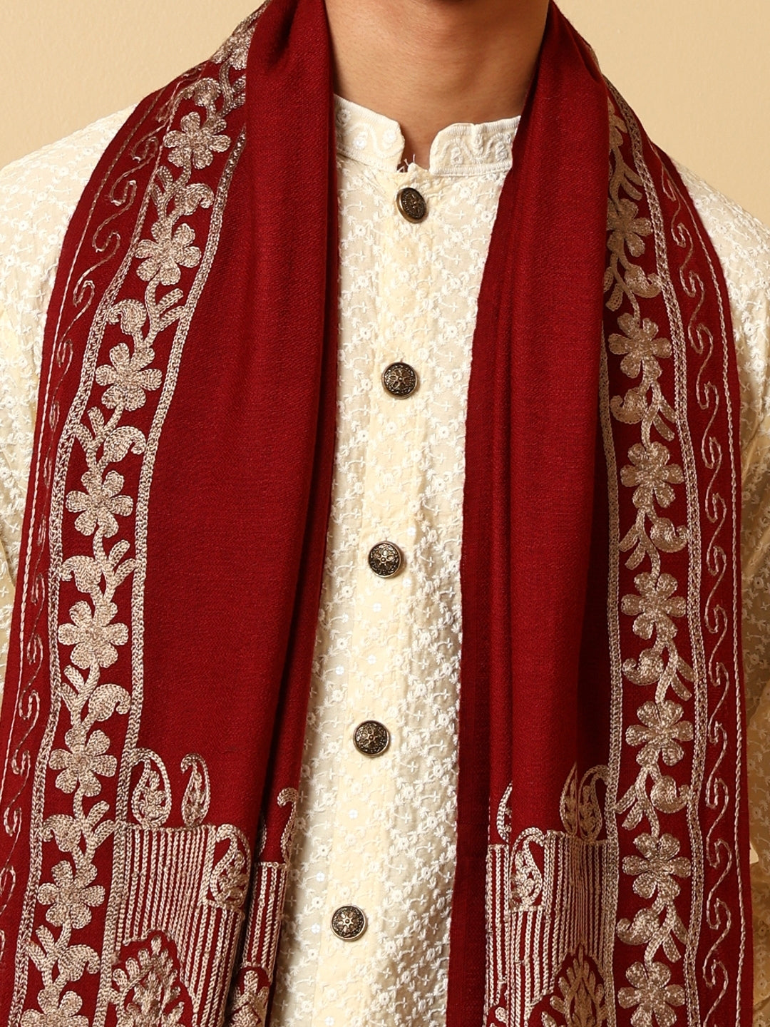 Tweedle Men’s Kashmiri Aari Embroidery Stole/ Scarf - Wine, Size - 28 x 80 inches