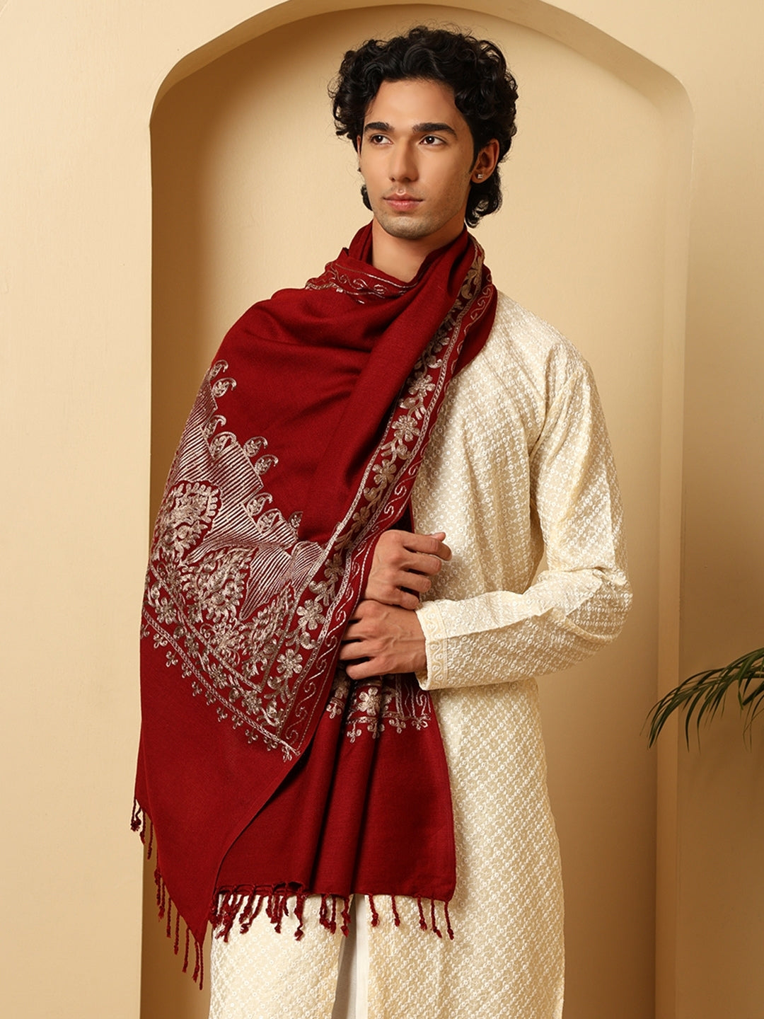 Tweedle Men’s Kashmiri Aari Embroidery Stole/ Scarf - Wine, Size - 28 x 80 inches