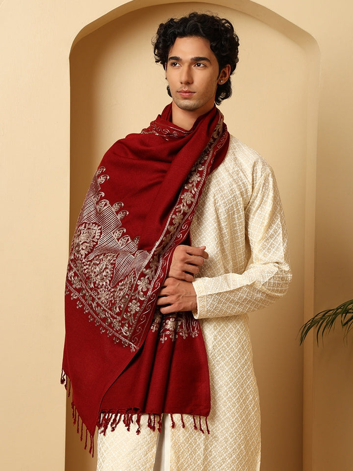 Tweedle Men’s Kashmiri Aari Embroidery Stole/ Scarf - Wine, Size - 28 x 80 inches
