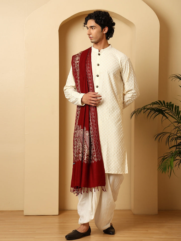 Tweedle Men’s Kashmiri Aari Embroidery Stole/ Scarf - Wine, Size - 28 x 80 inches