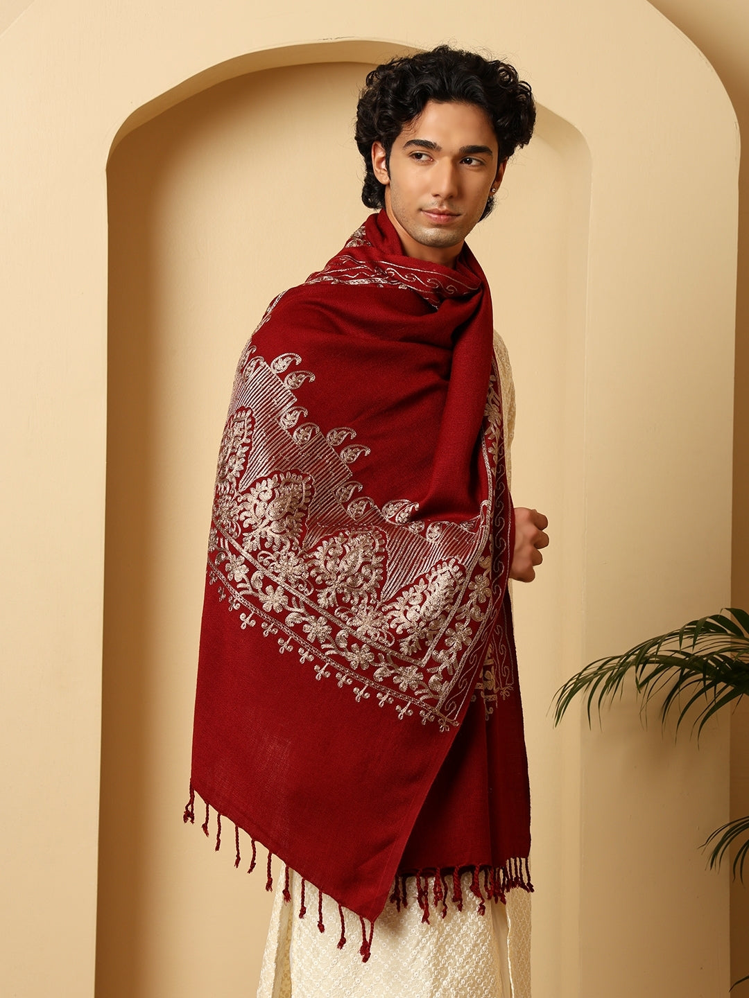 Tweedle Men’s Kashmiri Aari Embroidery Stole/ Scarf - Wine, Size - 28 x 80 inches