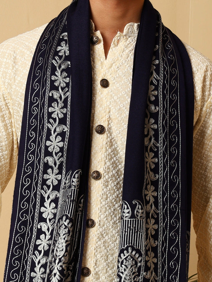 Tweedle Men’s Kashmiri Aari Embroidery Stole/ Scarf - Navy Blue, Size - 28 x 80 inches