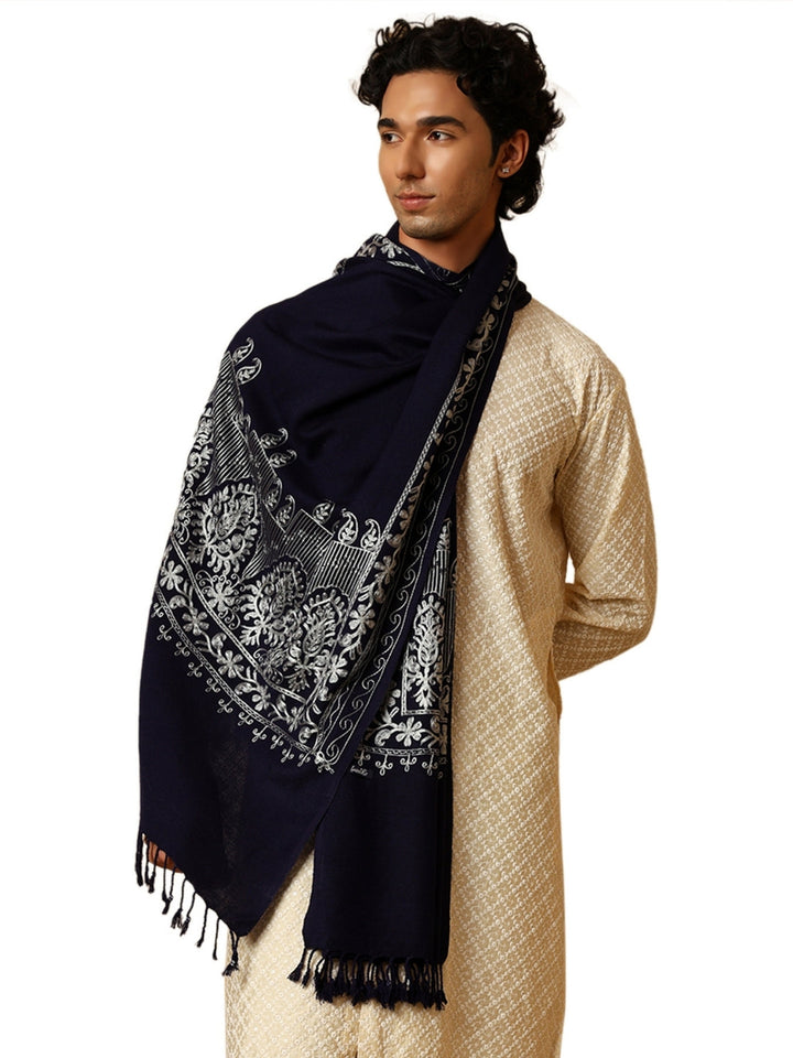 Tweedle Men’s Kashmiri Aari Embroidery Stole/ Scarf - Navy Blue, Size - 28 x 80 inches