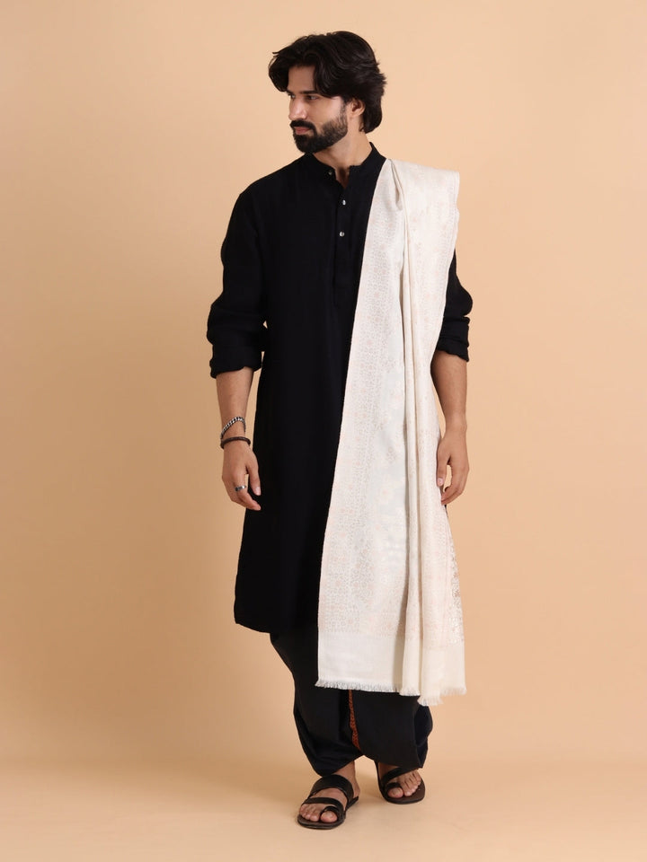 Tweedle Men’s Ethnic Design Faux Wool Kani Stole - White, Size - 28 x 80 inches
