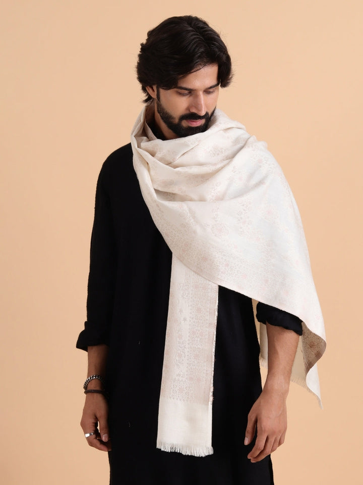 Tweedle Men’s Ethnic Design Faux Wool Kani Stole - White, Size - 28 x 80 inches