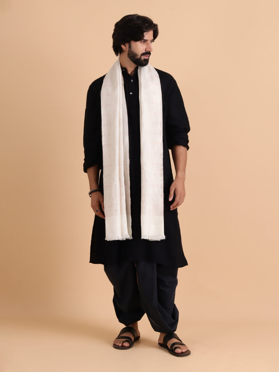 Tweedle Men’s Ethnic Design Faux Wool Kani Stole - White, Size - 28 x 80 inches