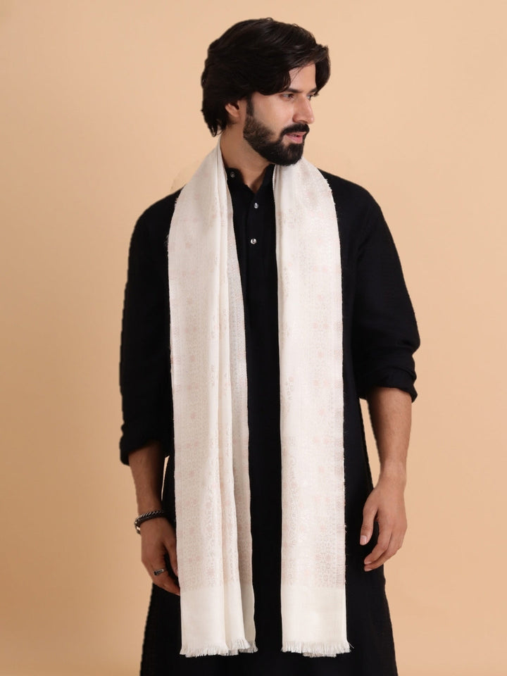 Tweedle Men’s Ethnic Design Faux Wool Kani Stole - White, Size - 28 x 80 inches