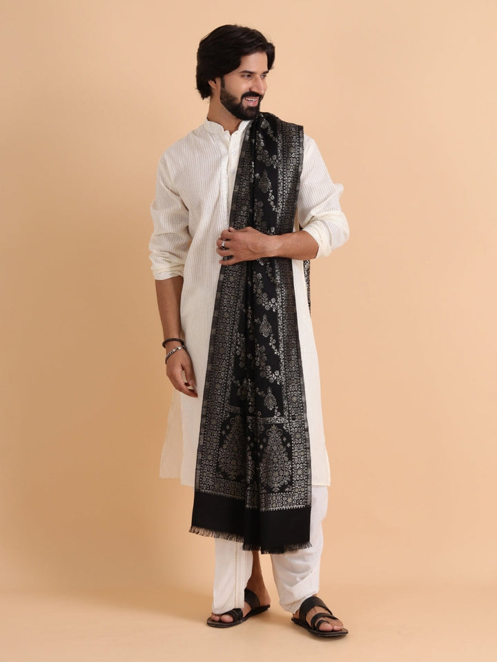 Tweedle Men’s Ethnic Design Faux Wool Kani Stole - Black, Size - 28 x 80 inches