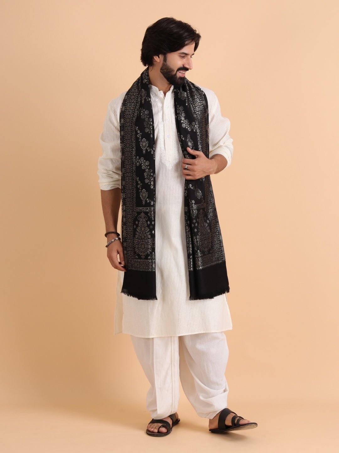 Tweedle Men’s Ethnic Design Faux Wool Kani Stole - Black, Size - 28 x 80 inches
