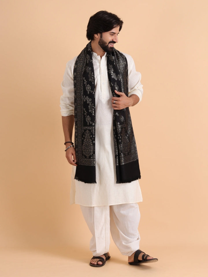 Tweedle Men’s Ethnic Design Faux Wool Kani Stole - Black, Size - 28 x 80 inches
