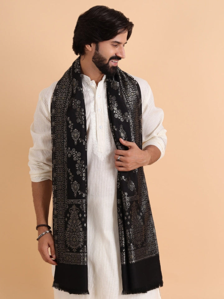 Tweedle Men’s Ethnic Design Faux Wool Kani Stole - Black, Size - 28 x 80 inches