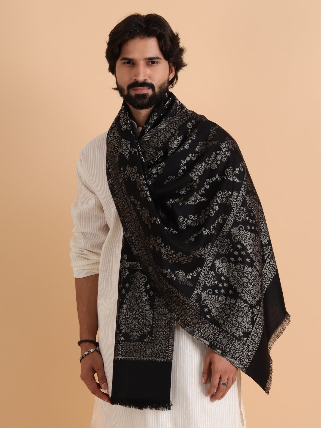 Tweedle Men’s Ethnic Design Faux Wool Kani Stole - Black, Size - 28 x 80 inches