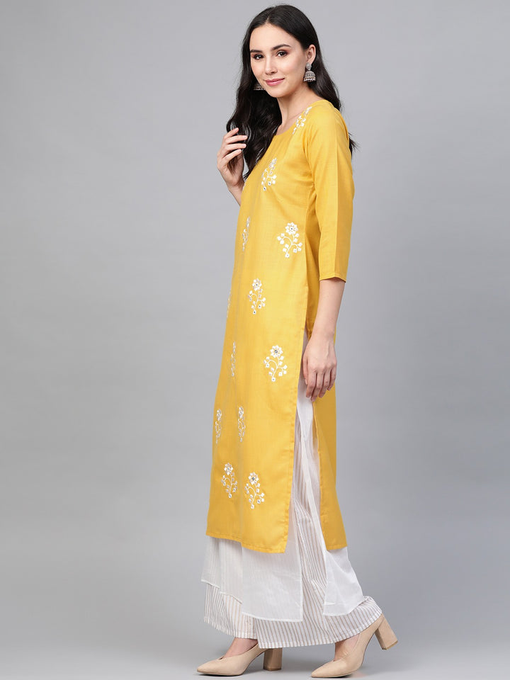 Women Yellow And White Embroidered Straight Kurta