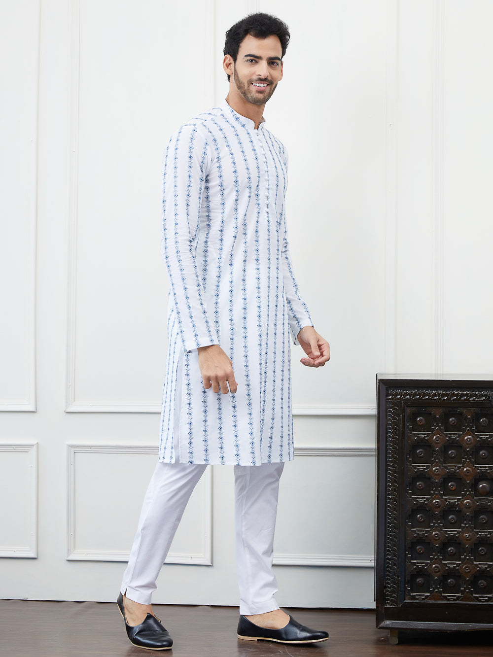 Embroidered Pure Cotton Straight Kurta with Pyjama – White