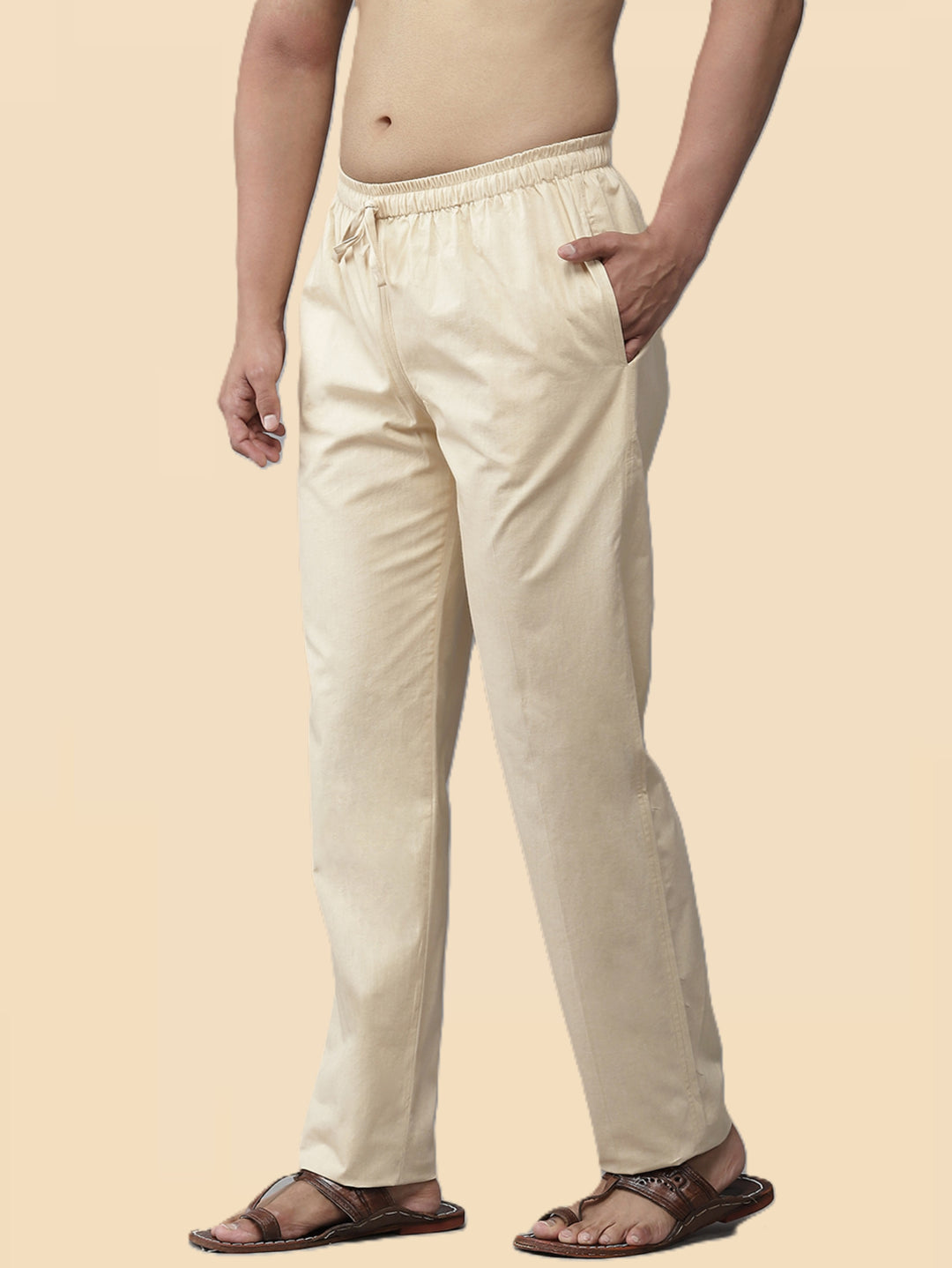 Men's Beige Solid Cotton Pyjama