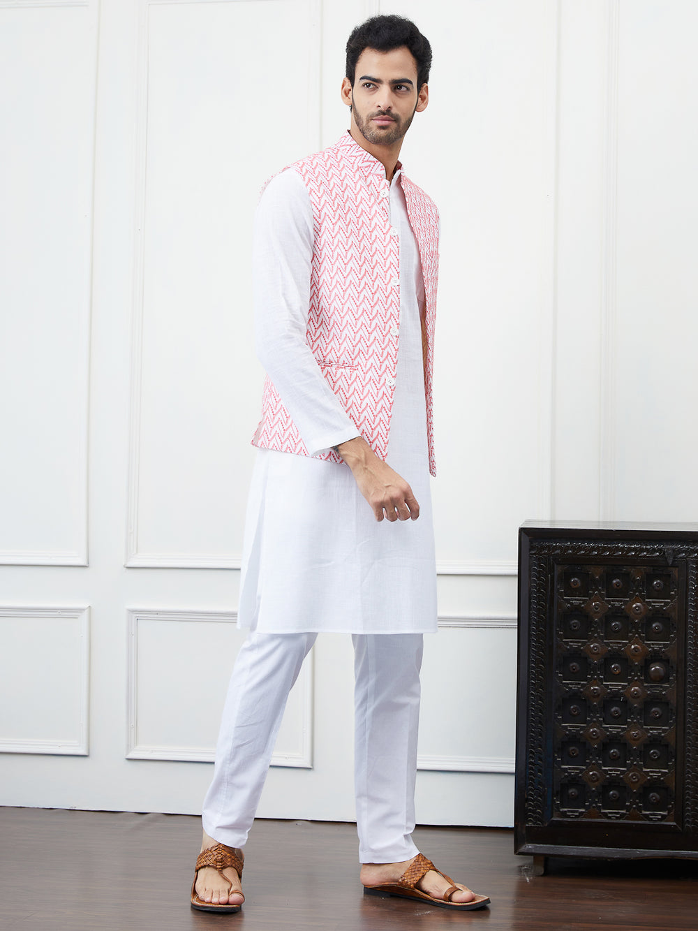 Pure Cotton Embroidered Nehru Jacket – White