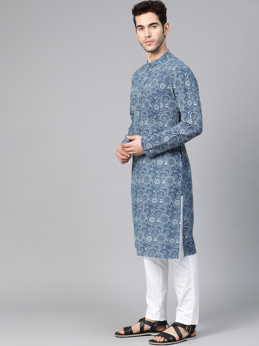 Men Blue Indigo Hand Block Print Straight Sustainable Kurta With Pyjama