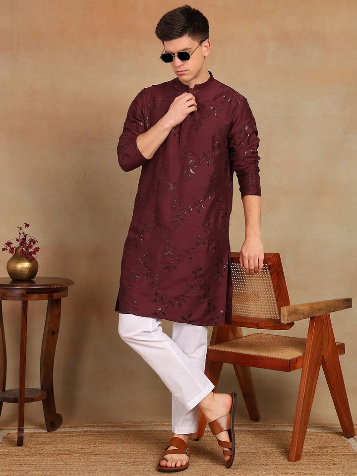 Men Maroon Sequins Leaf Straight Kurta with Pyjama – White