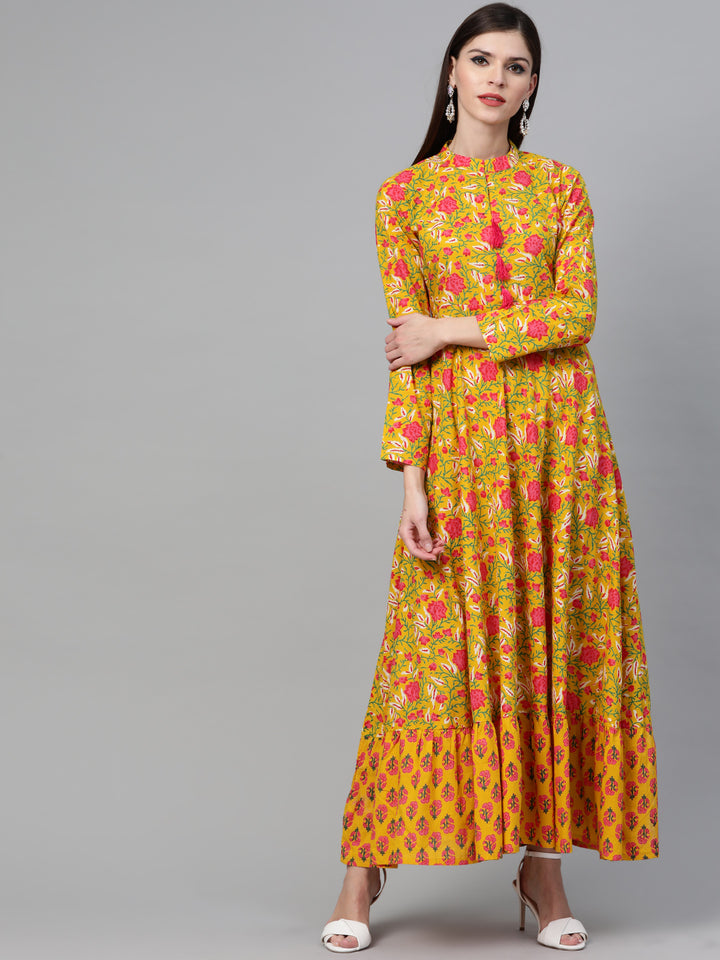 Yellow & Pink Floral Printed Flared Maxi