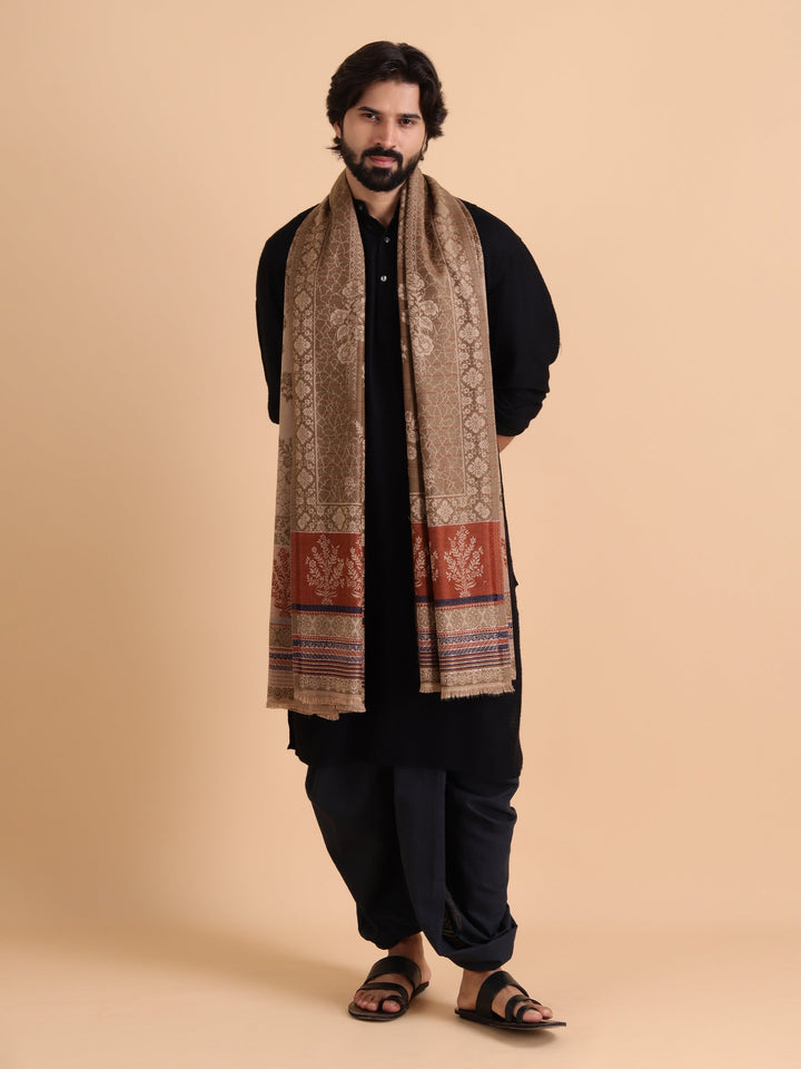 Reversible Fusion, Floral Design Shawl for Winter - Beige