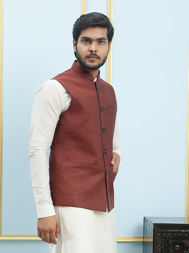 Solid Woven Silk Nehru Jacket