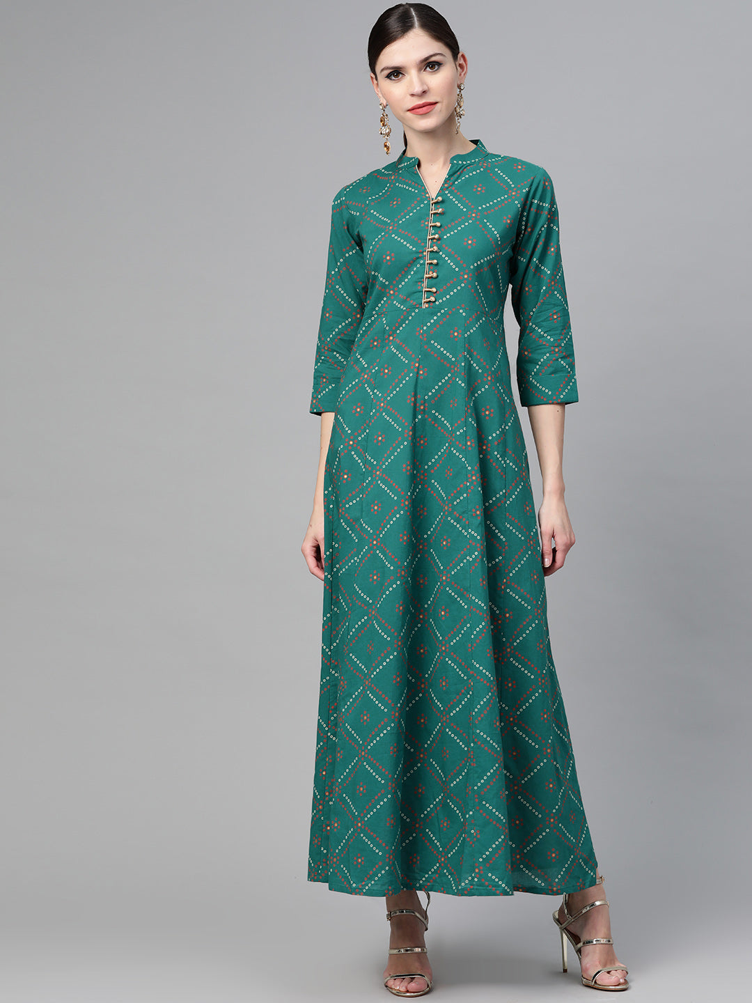 Green Bandhani Printed Flared Maxi Dress
