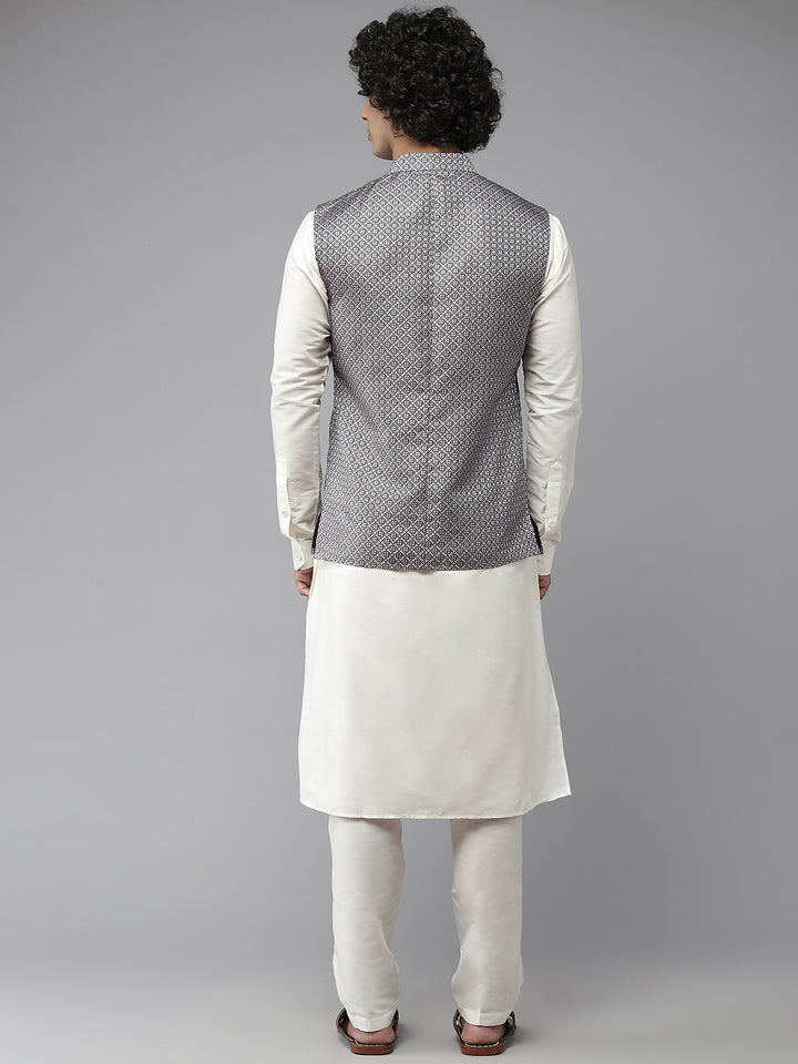 Men Blue & White Woven Jacquard Nehru jacket