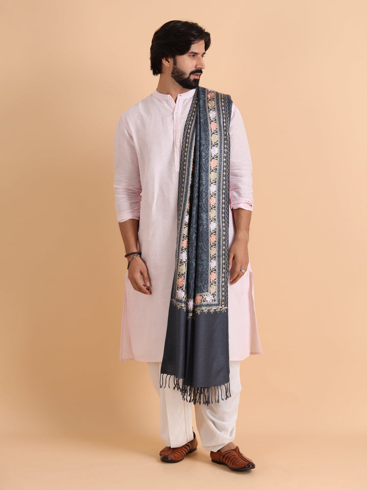Tweedle Men's Acro Wool Kashmiri Embroidery Stole, Grey, Size - 28 x 80 inches