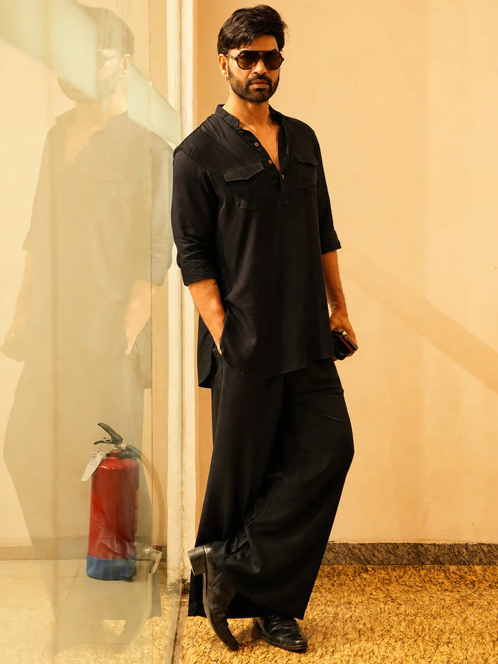 Men's Black Rayon Solid Pathani Set